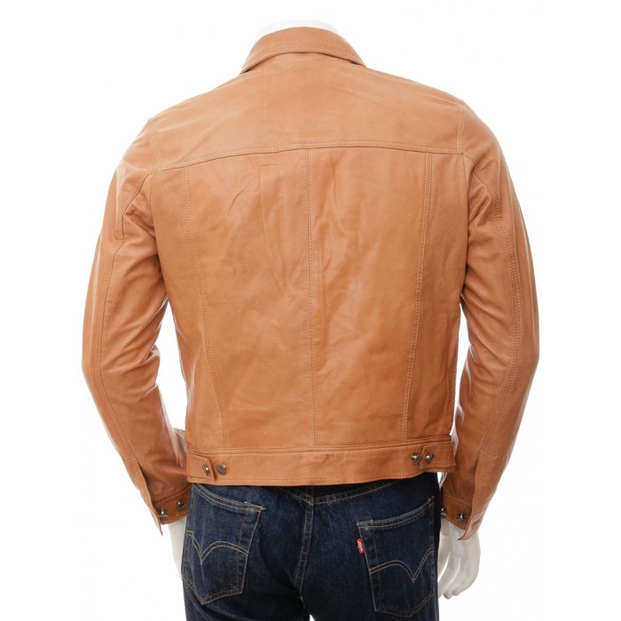 Men's Tan Sheepskin Trucker Leather Jacket